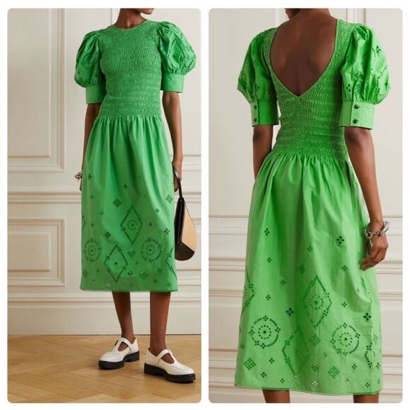 Ganni Broderie Anglaise Cotton Midi Dress in Kelly Green F7208 Women’s 38 / 8 US - Picture 7 of 16